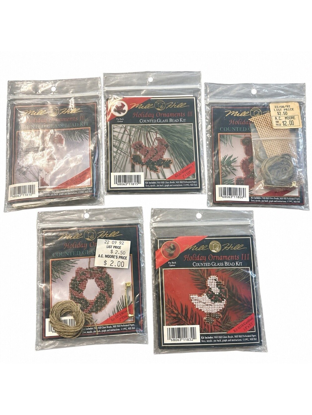 Lot of 5 Mill Hill Holiday Ornament Counted Glass Bead Kits Vintage Goose Bear